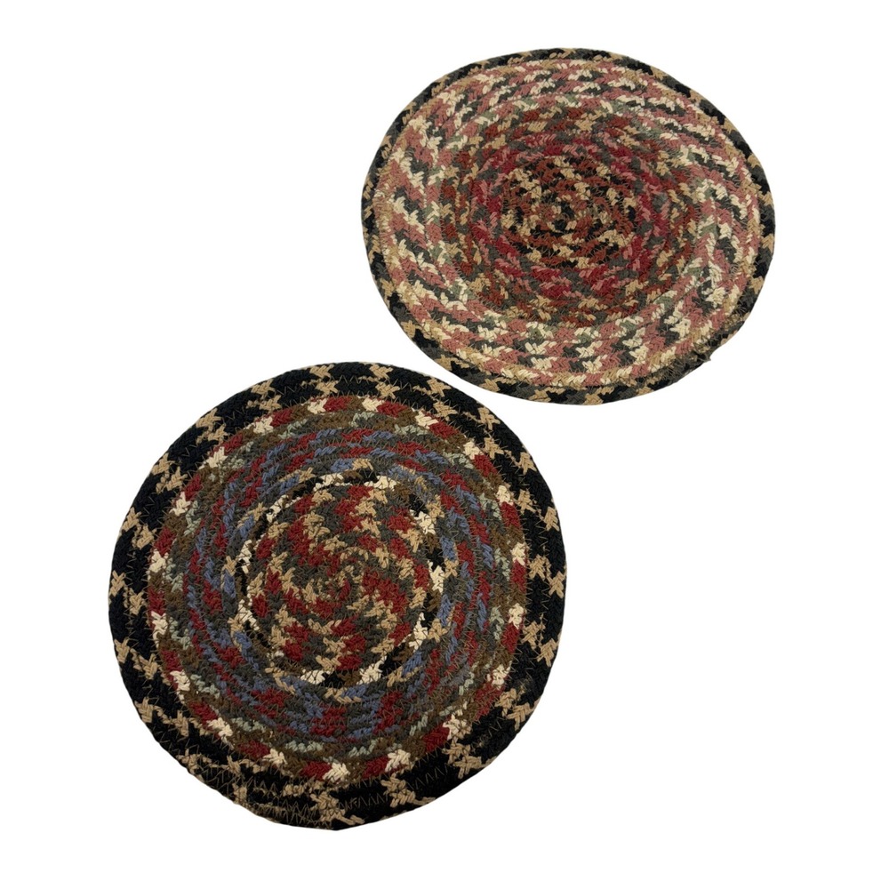 Vintage Farmhouse Braided Round Trivets Multi Color Cotton Blend Set of 2 8.25in